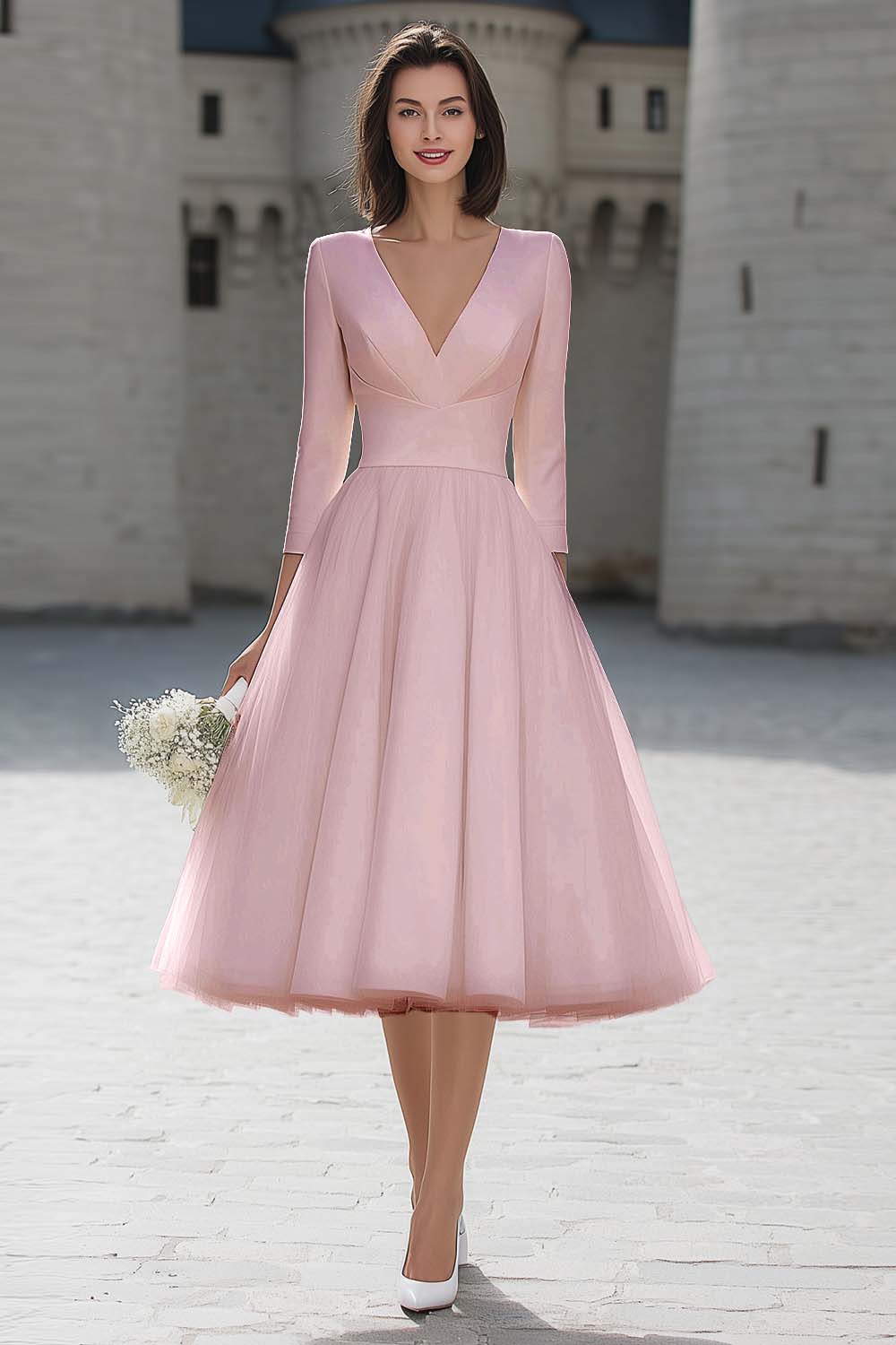 Robe de fiançailles midi ivoire trapèze à col V élégant - Image 5