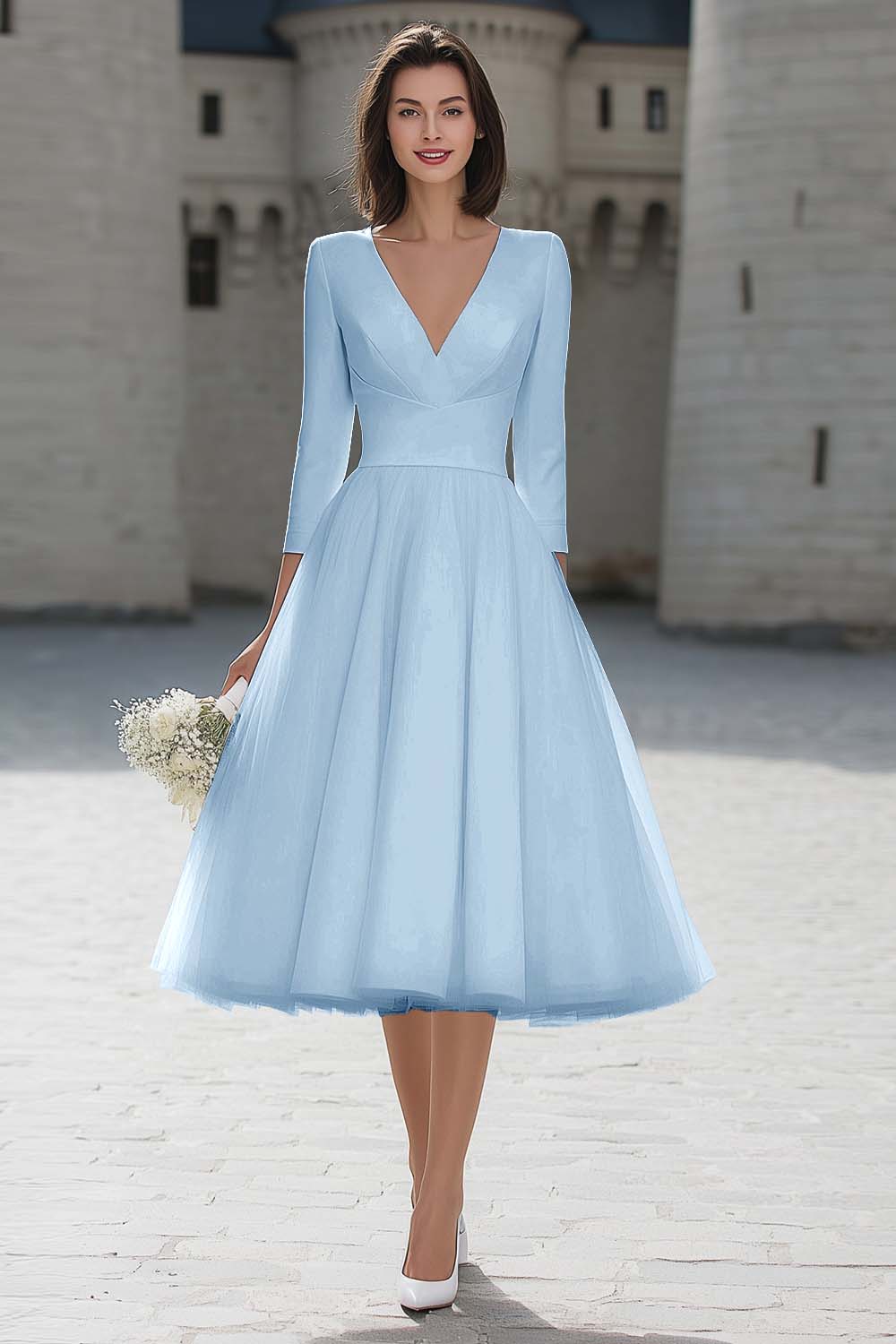 Robe de fiançailles midi ivoire trapèze à col V élégant - Image 6