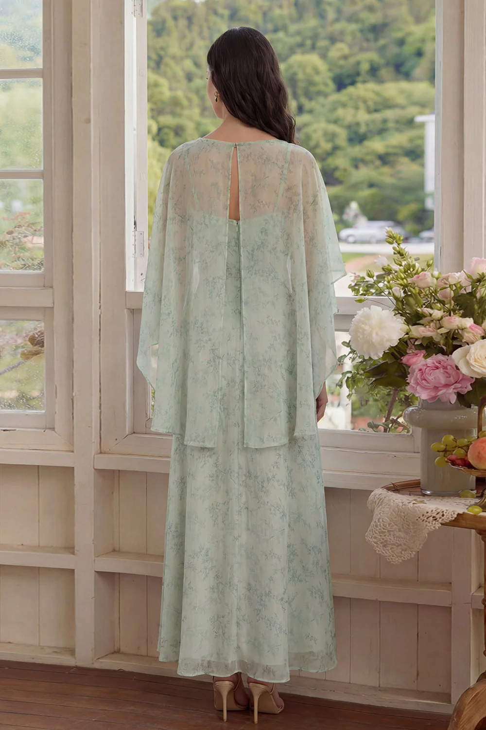 Robe de mariage invitée élégante deux pièces en chiffon imprimé Dusty Sage - Image 2