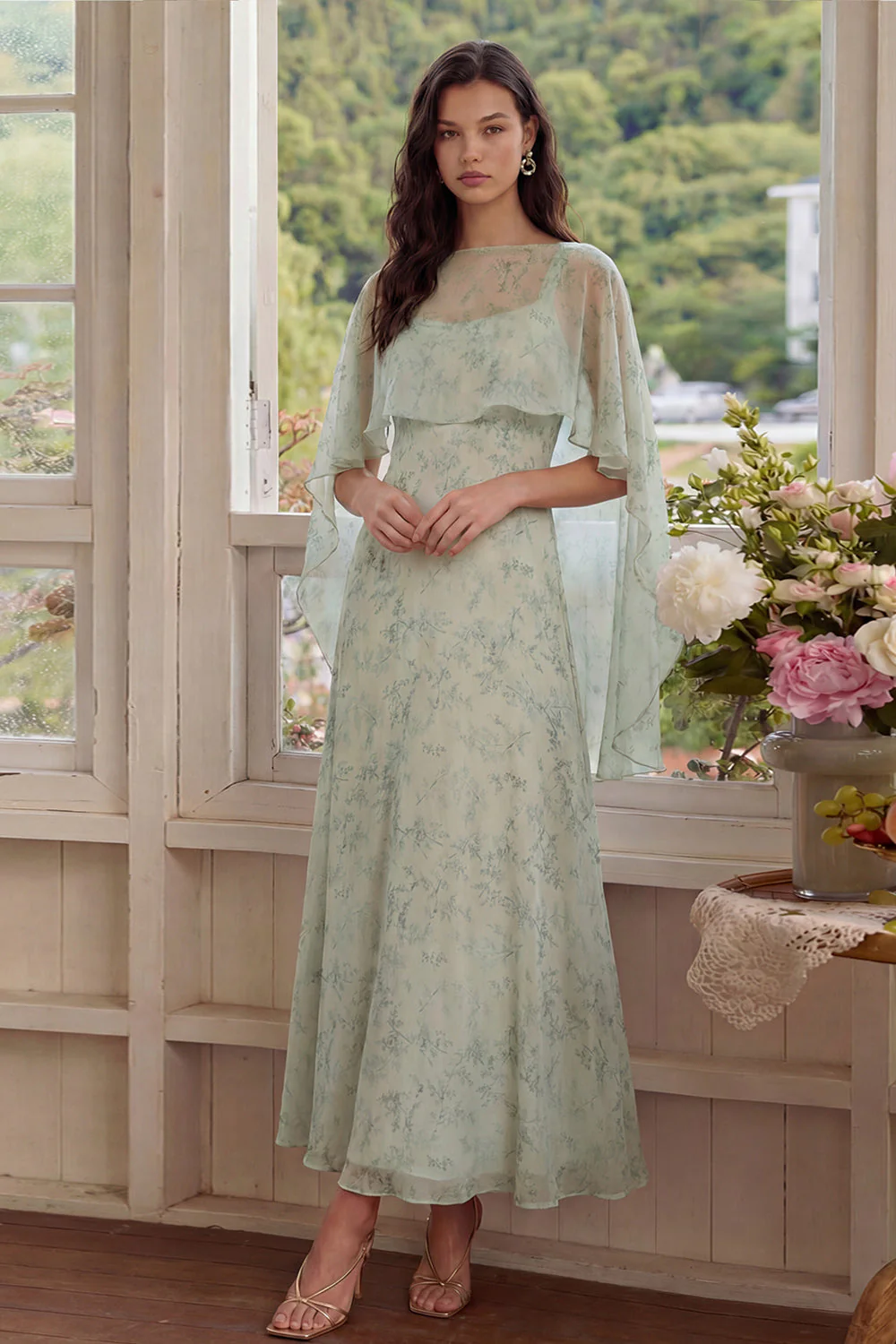 Robe de mariage invitée élégante deux pièces en chiffon imprimé Dusty Sage - Image 5
