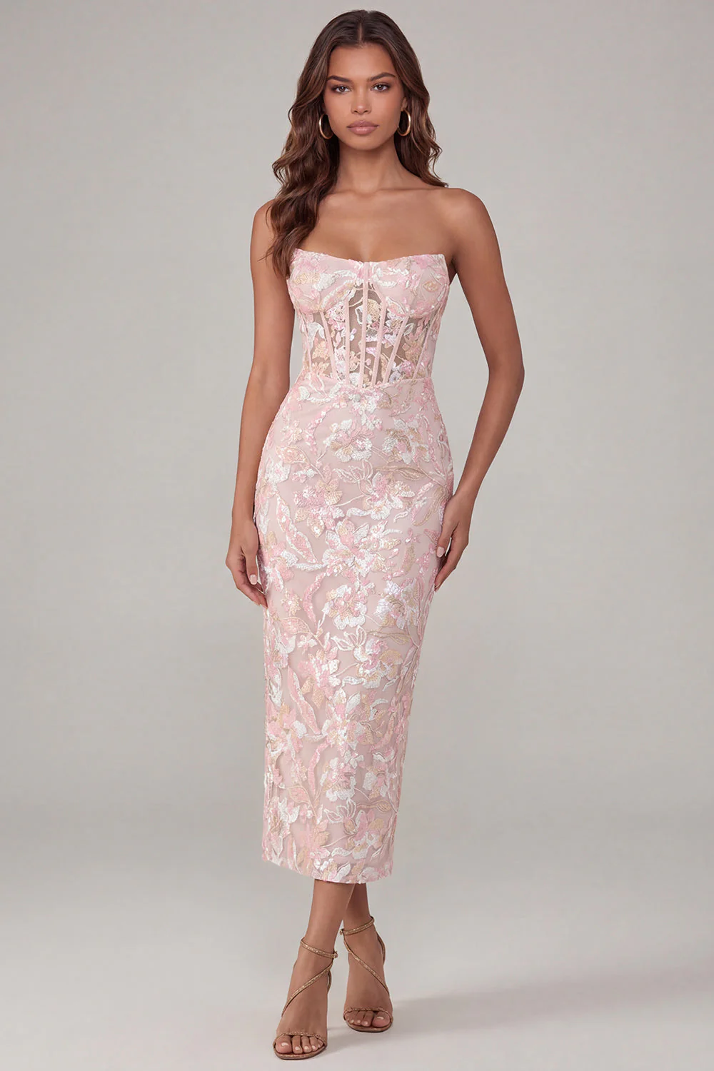 Robe Midi à anneau sans anneau corset fleur rose appliquée
