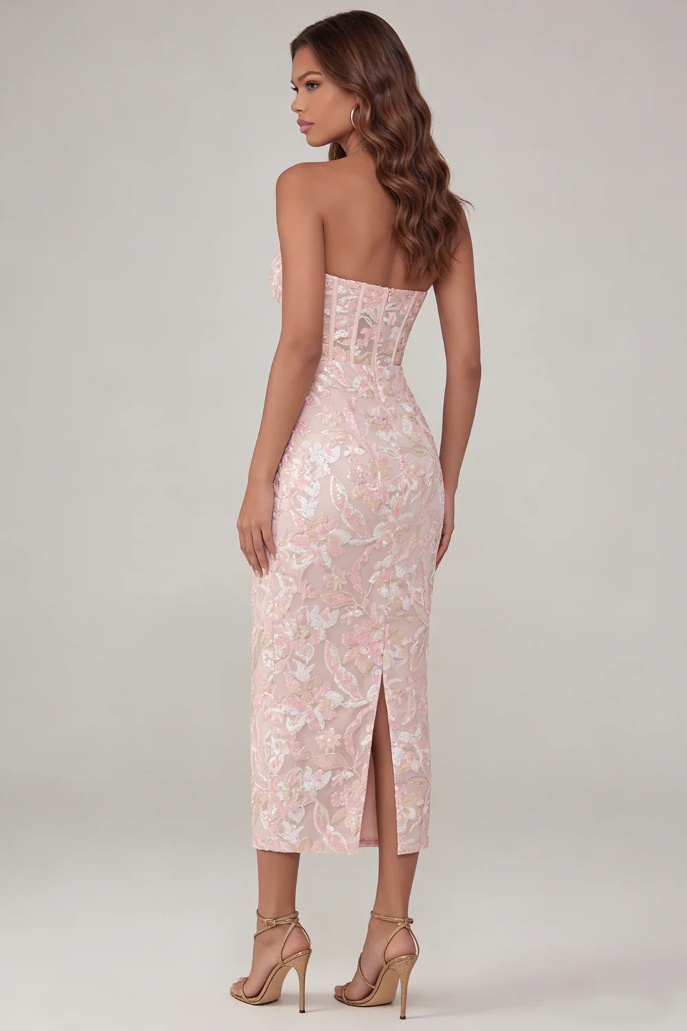 Robe Midi à anneau sans anneau corset fleur rose appliquée - Image 2