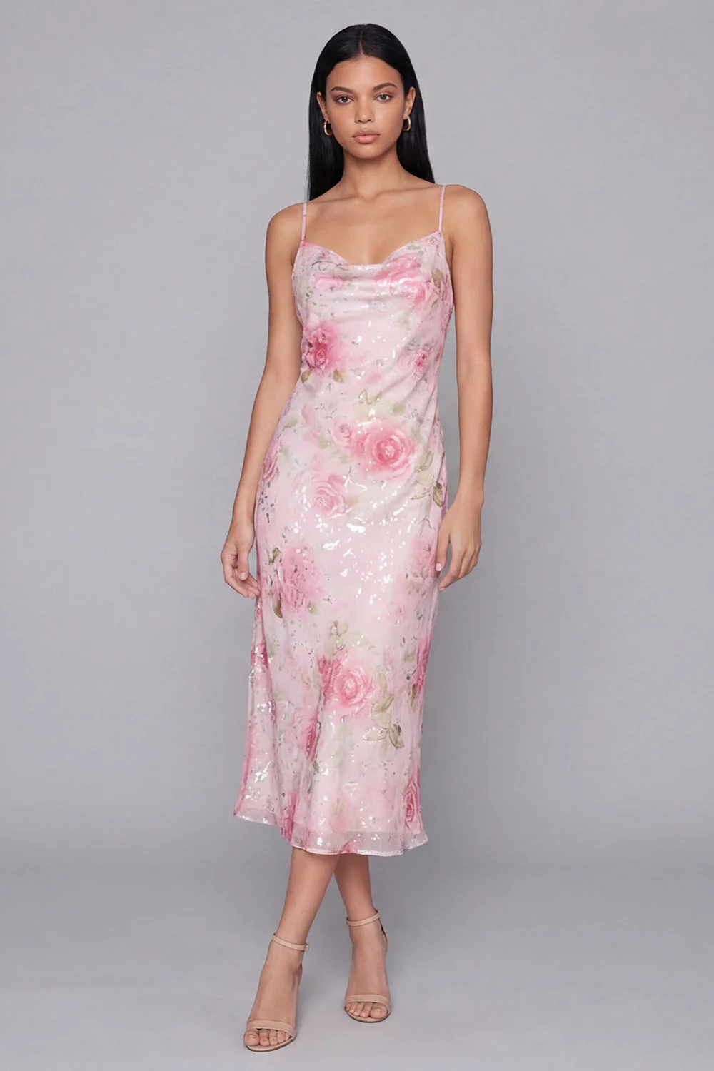 Robe midi à bretelles fines avec bretelles fines rose scintillante