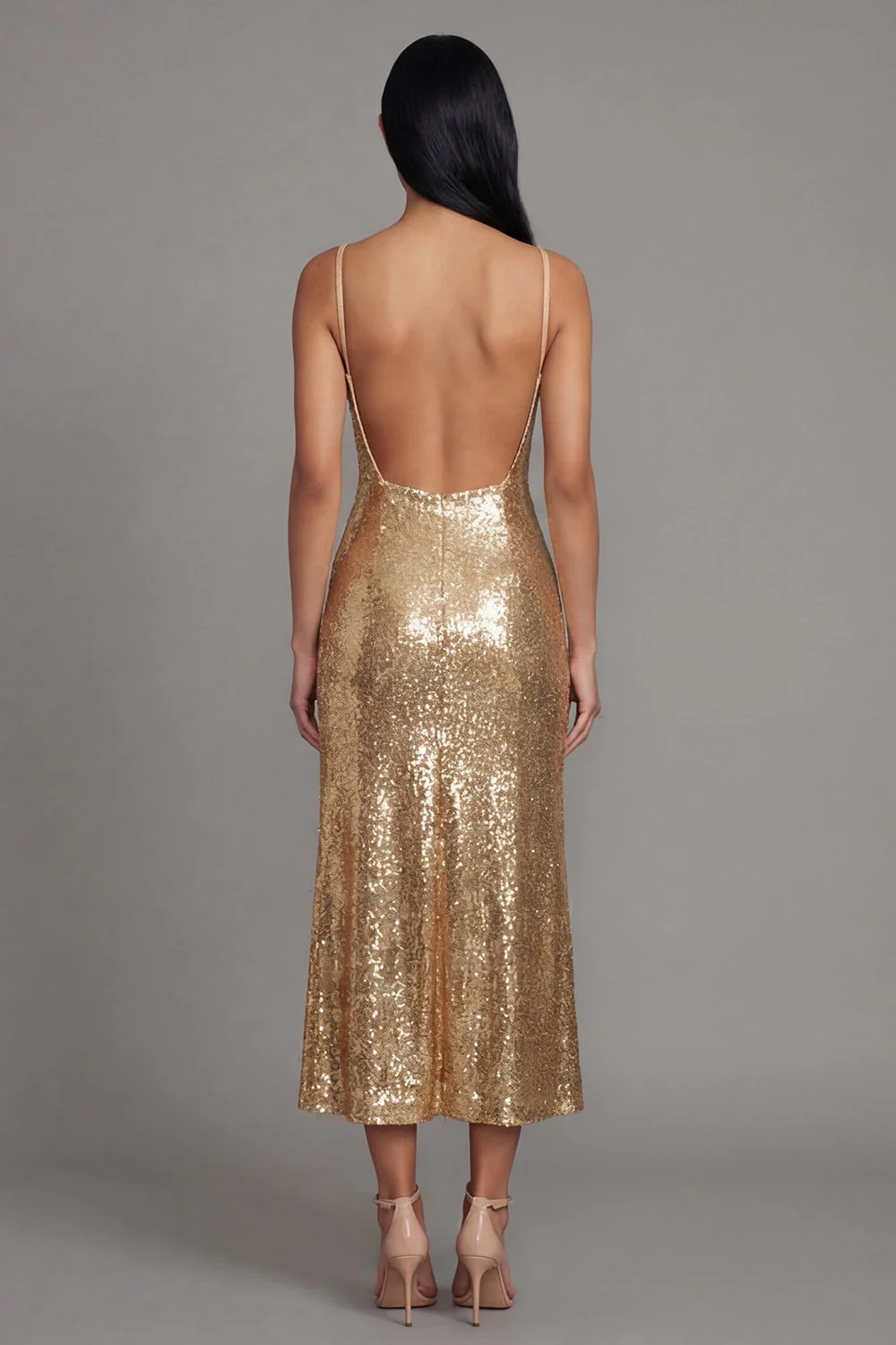 Robe midi à bretelles fines dorées bodycon scintillantes avec sequins - Image 2