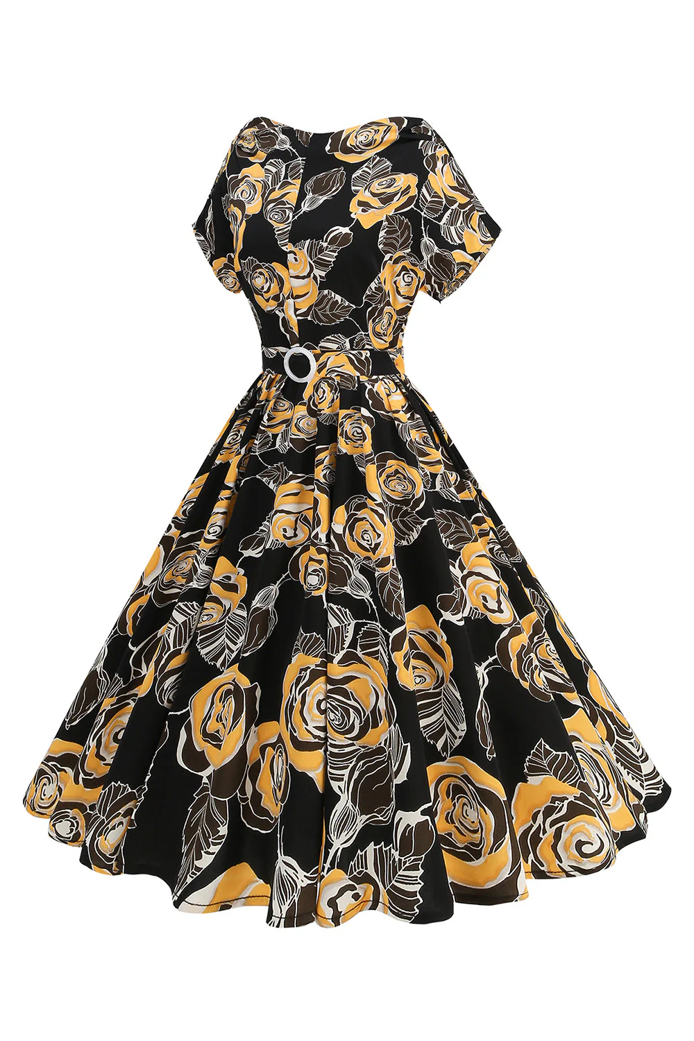 Robe midi à col bateau a-ligne imprimée de roses noires des années 1950 - Image 3