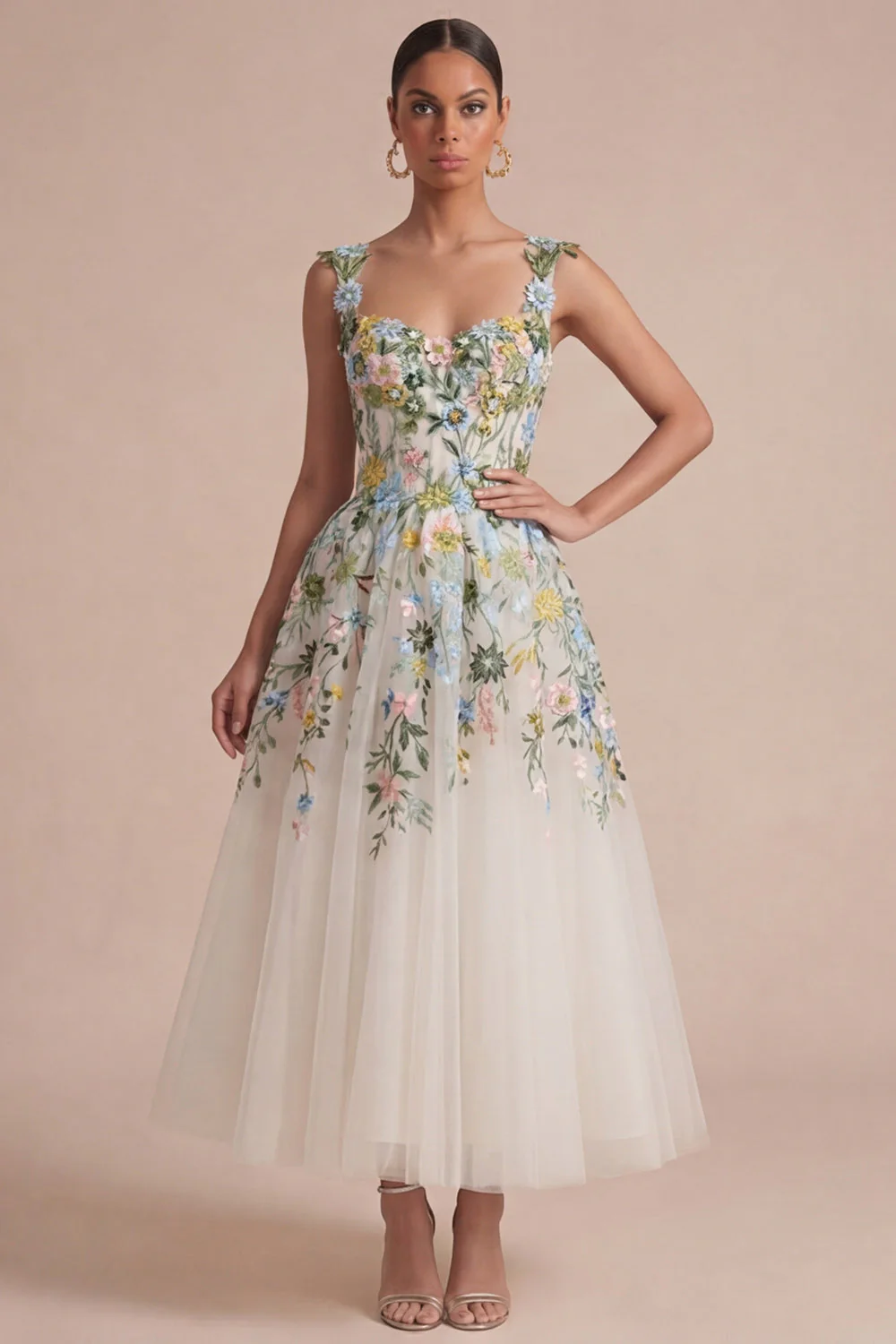 Robe Midi à col carré corset fleural blanc à col carré