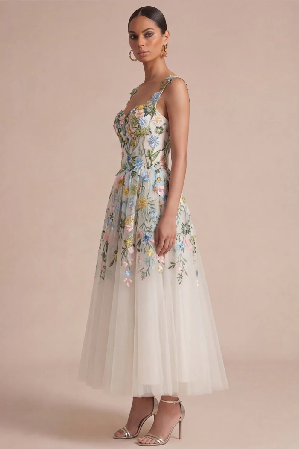 Robe Midi à col carré corset fleural blanc à col carré - Image 2
