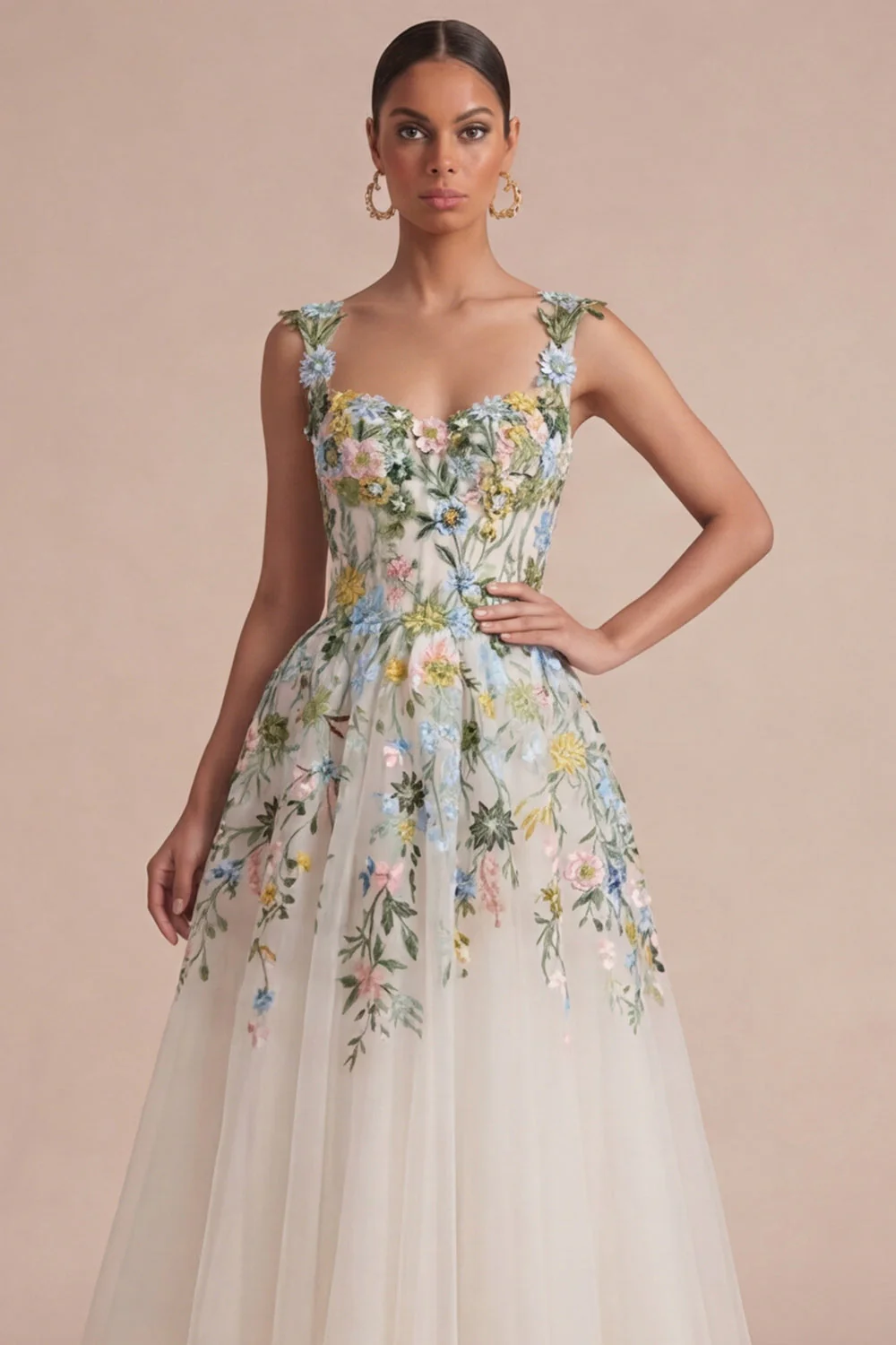 Robe Midi à col carré corset fleural blanc à col carré - Image 3