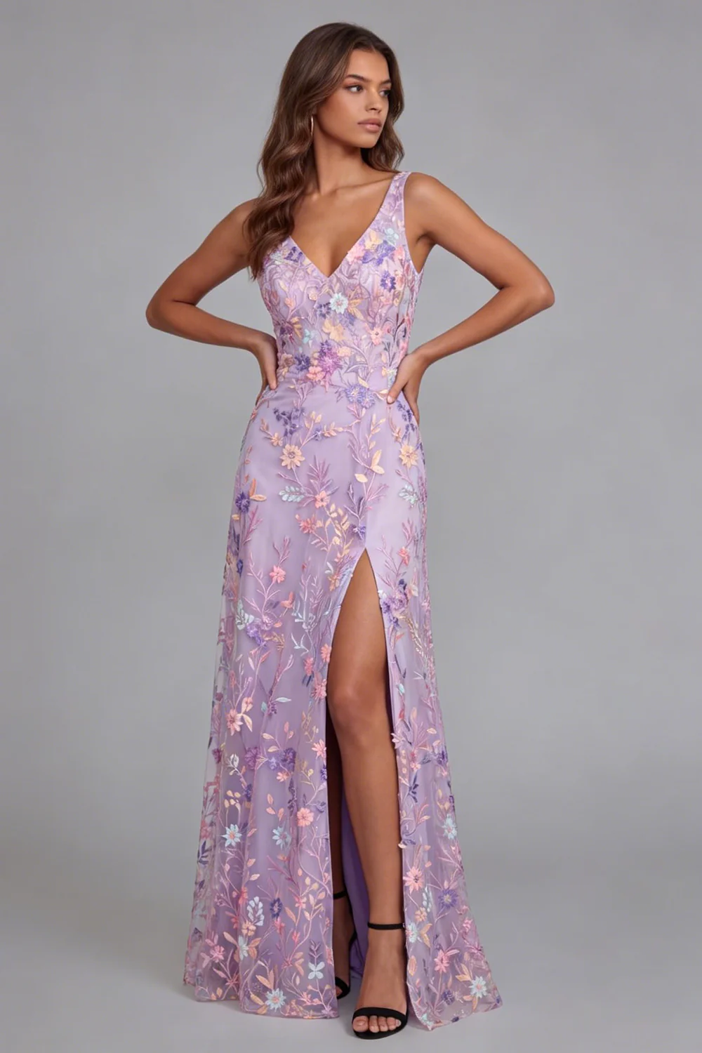 Robe Midi à col en V appliqué fleur lilas avec fente - Image 2