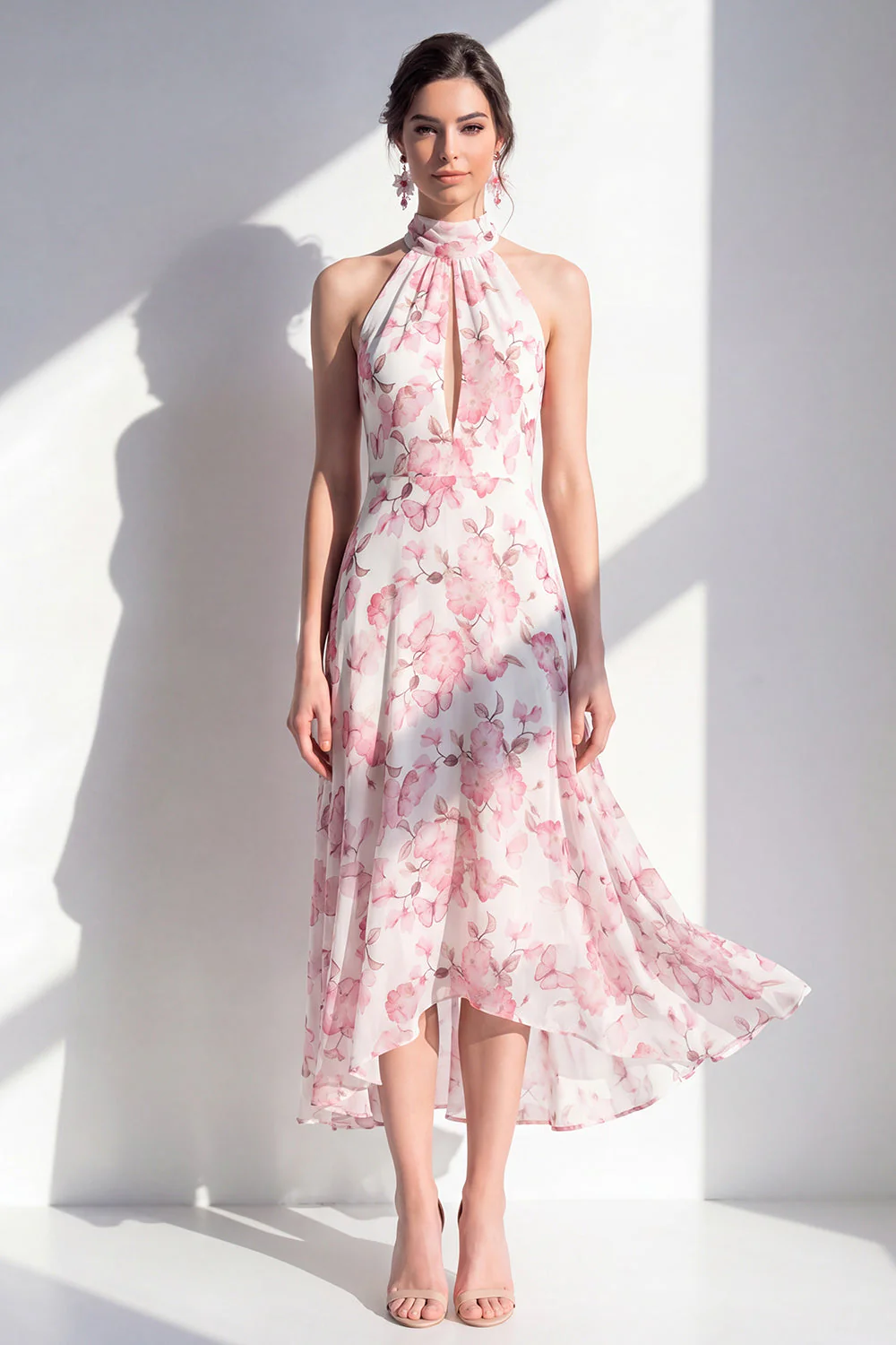 Robe Midi à col halter en mousseline rose fleur rose en mousseline