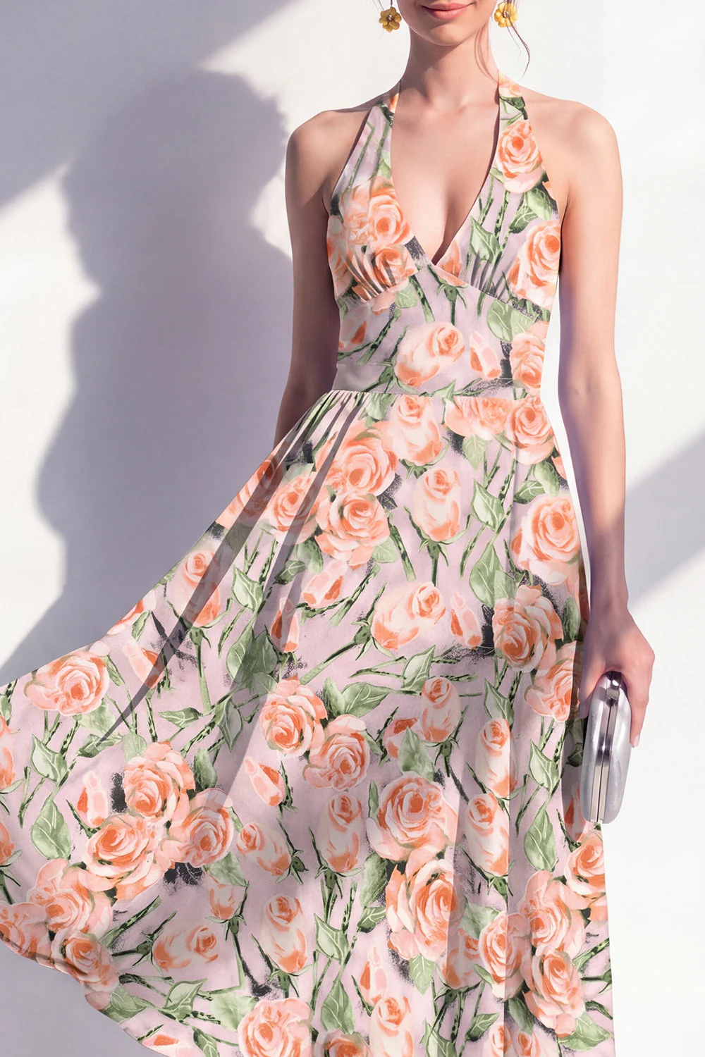 Robe midi à col nu rose en fleurs en ligne A avec nœud - Image 3