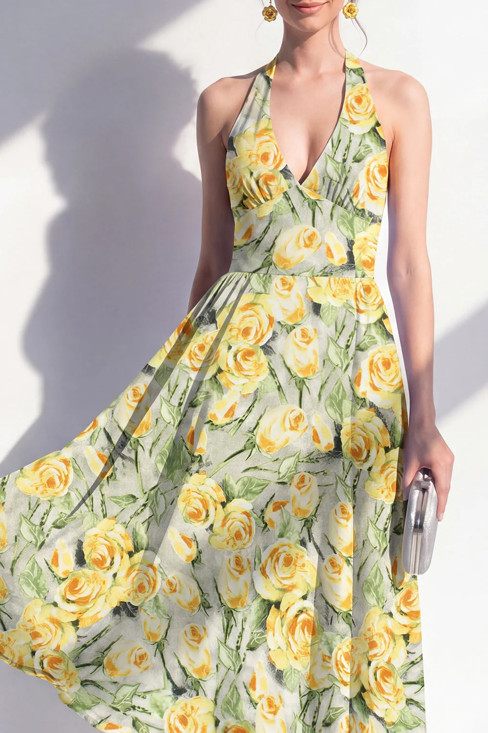 Robe midi à col nu rose en fleurs en ligne A avec nœud - Image 7