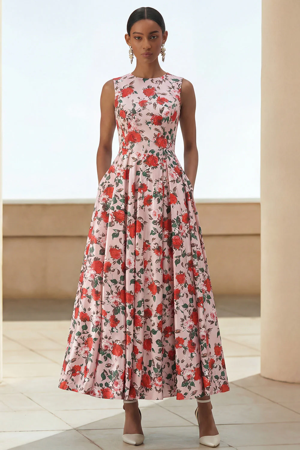 Robe Midi à col rond à imprimé fleurs roses rouges avec poches
