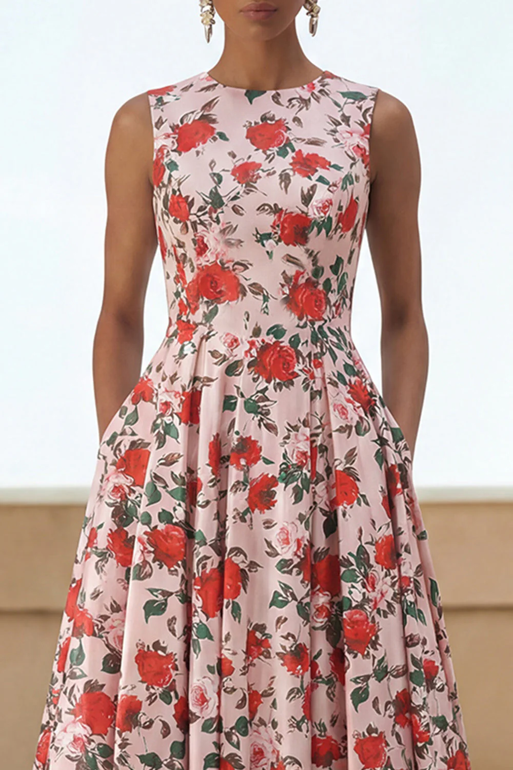 Robe Midi à col rond à imprimé fleurs roses rouges avec poches - Image 3