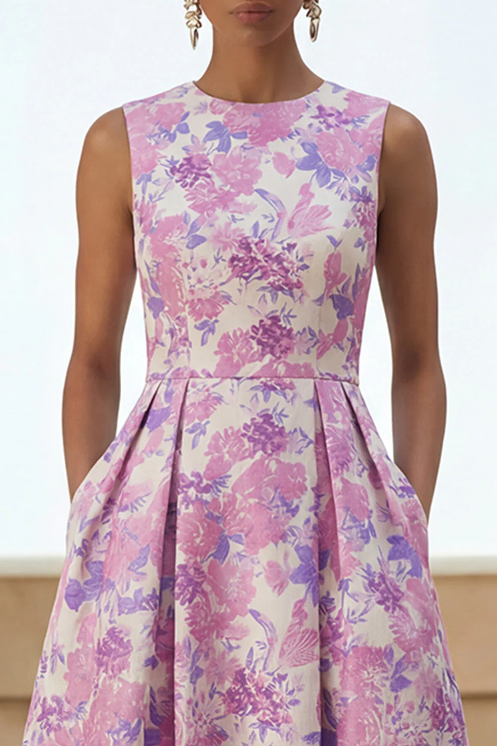 Robe midi à col rond imprimée en fleurs de lilas avec poches - Image 3