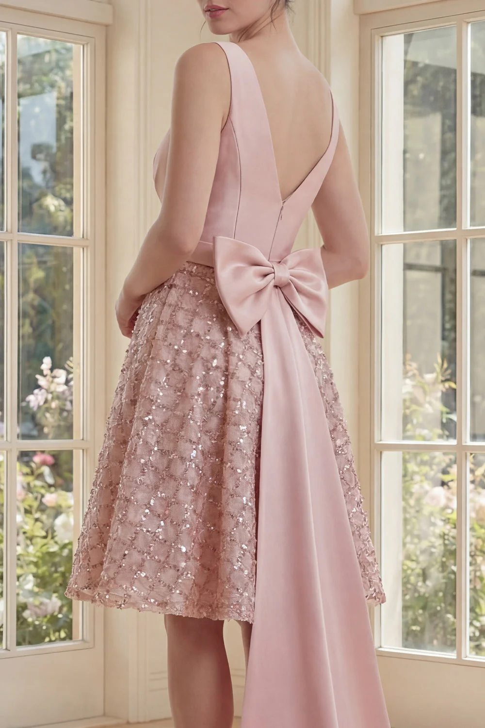 Robe midi à fard à joues étincelante à col V avec un large nœud - Image 4