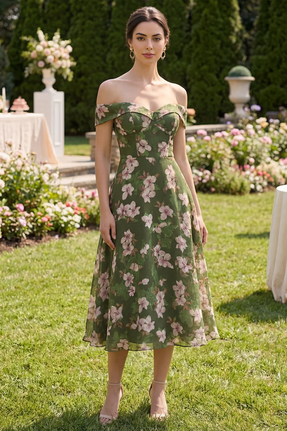Robe midi à fleurs vert foncé A Line Off the Shoulder