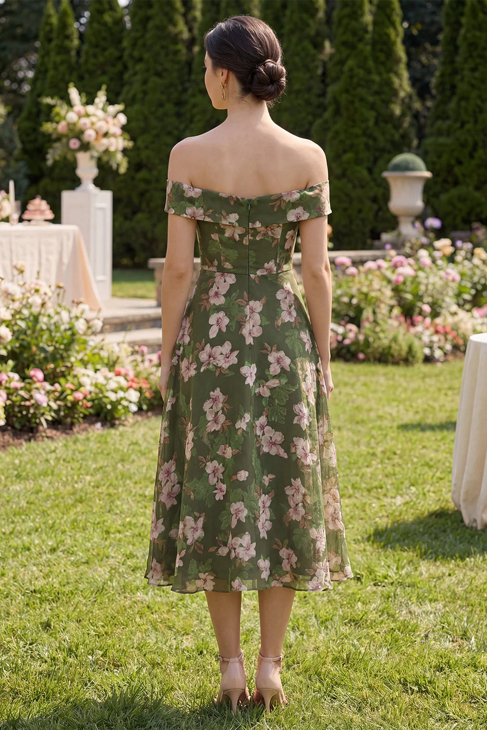 Robe midi à fleurs vert foncé A Line Off the Shoulder - Image 2