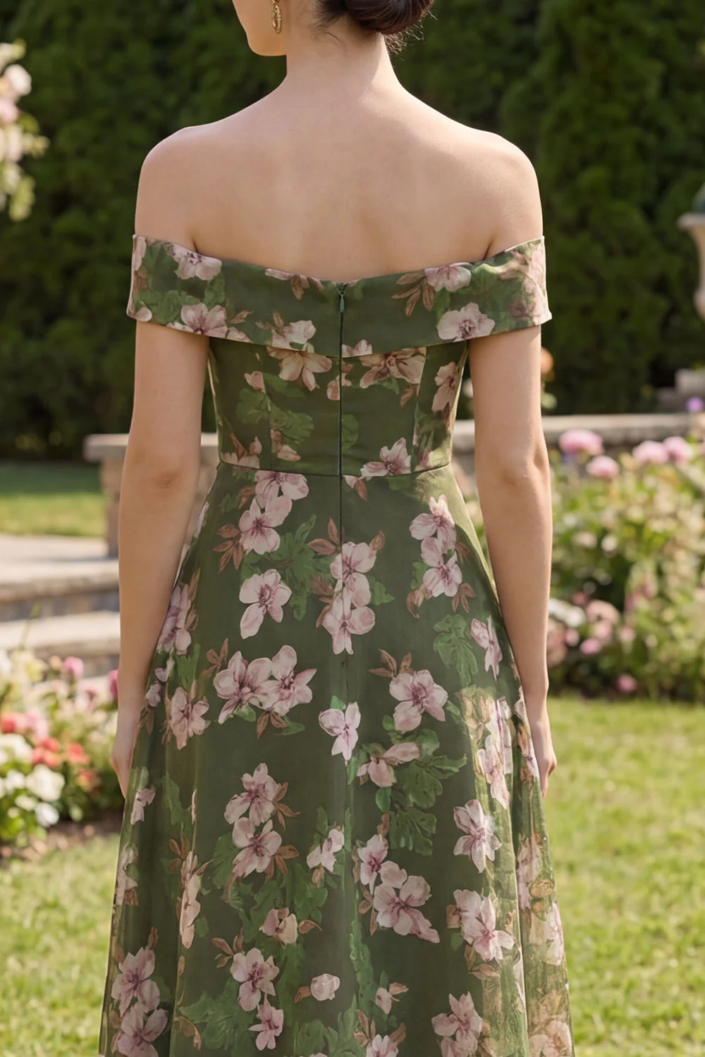 Robe midi à fleurs vert foncé A Line Off the Shoulder - Image 4