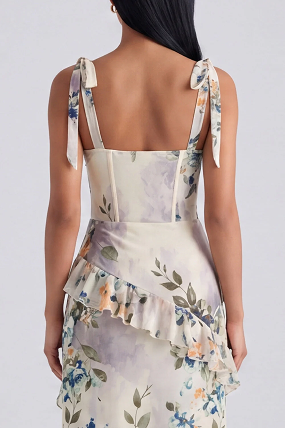 Robe d'invitée de mariage midi ivoire fourreau bustier floral avec fente - Image 5