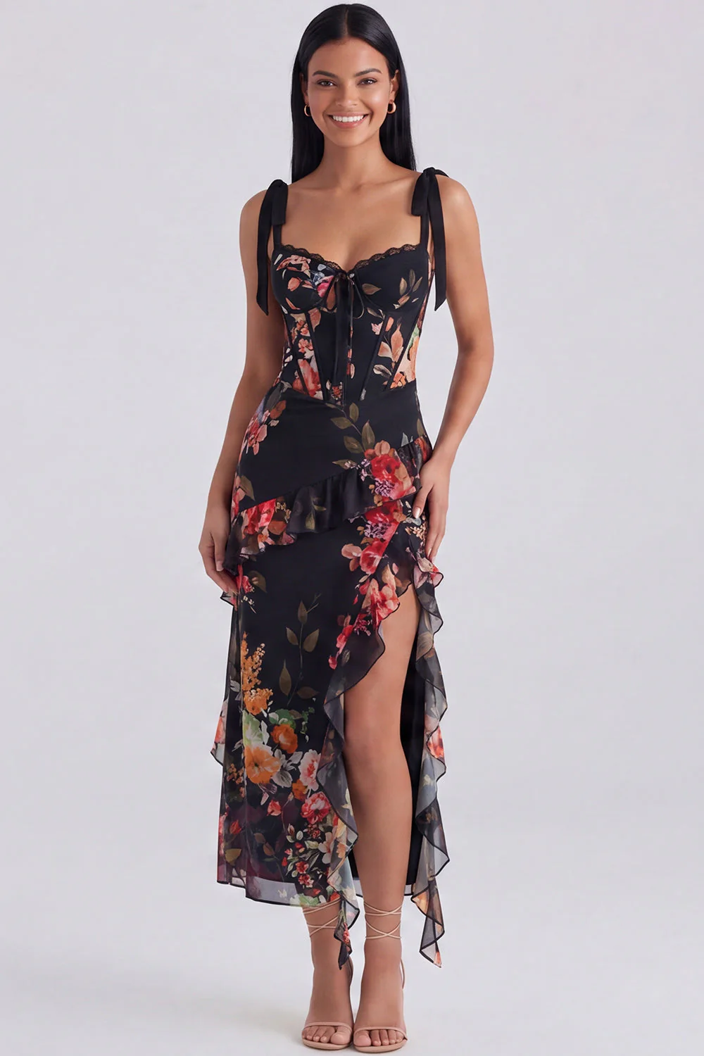 Robe d'invitée de mariage midi ivoire fourreau bustier floral avec fente - Image 8