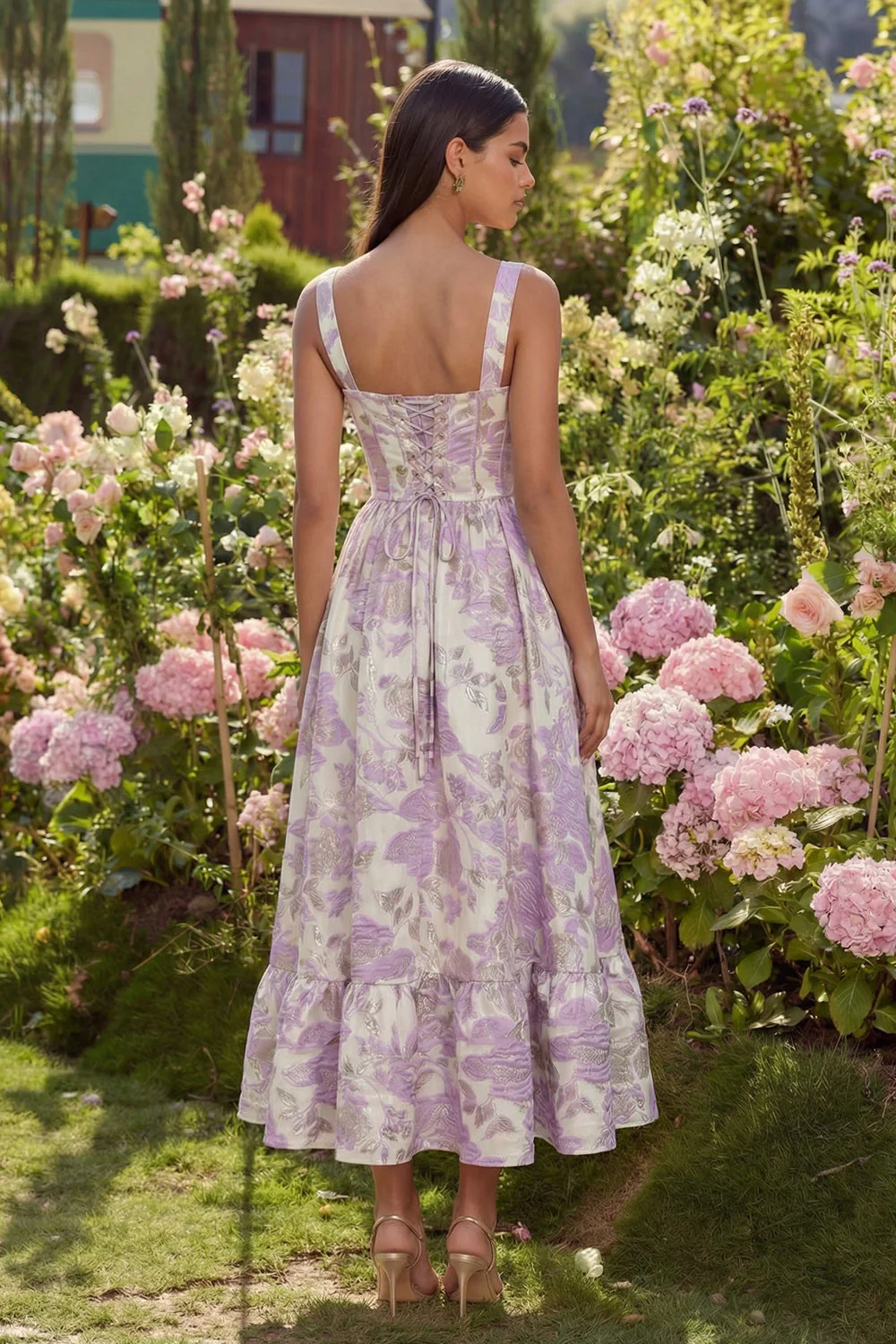 Robe Midi A-Line Corset à Fleurs Jacquard Violet - Image 2