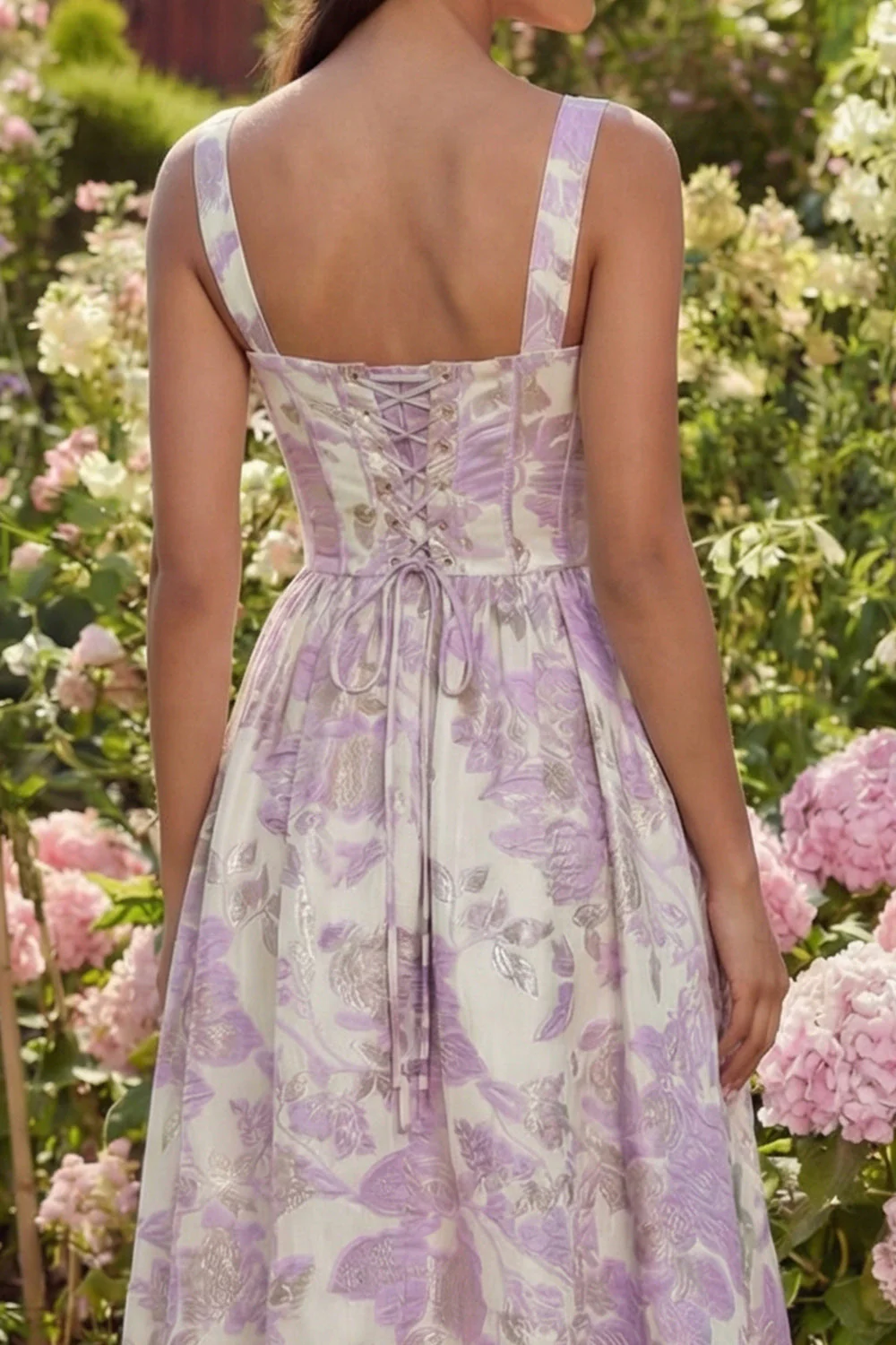 Robe Midi A-Line Corset à Fleurs Jacquard Violet - Image 4