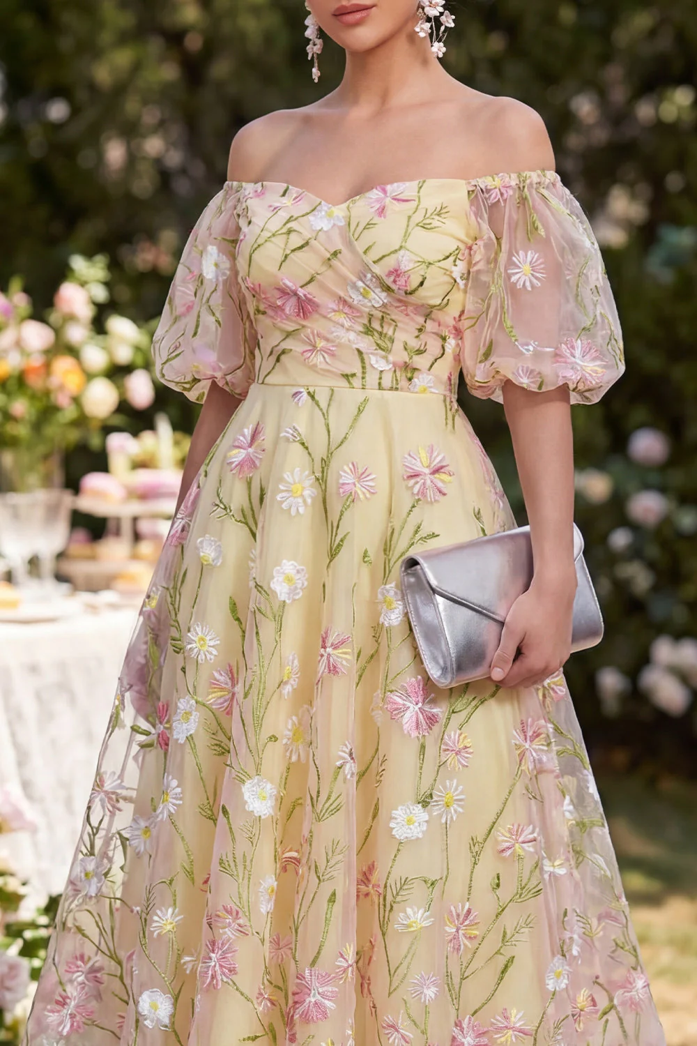Robe midi à manches bouffantes jaune clair fleur froncée - Image 3