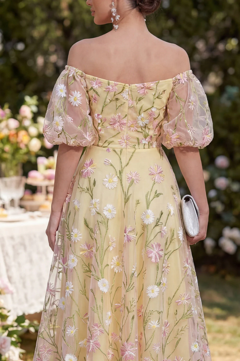 Robe midi à manches bouffantes jaune clair fleur froncée - Image 4