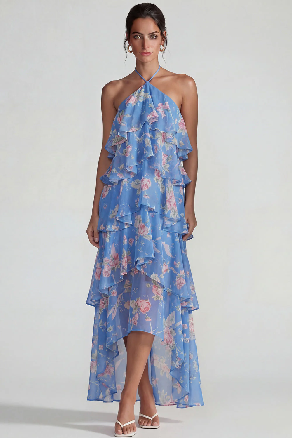 Robe Midi à motifs de fleurs à étages bleu rose à motifs en chiffon à étages