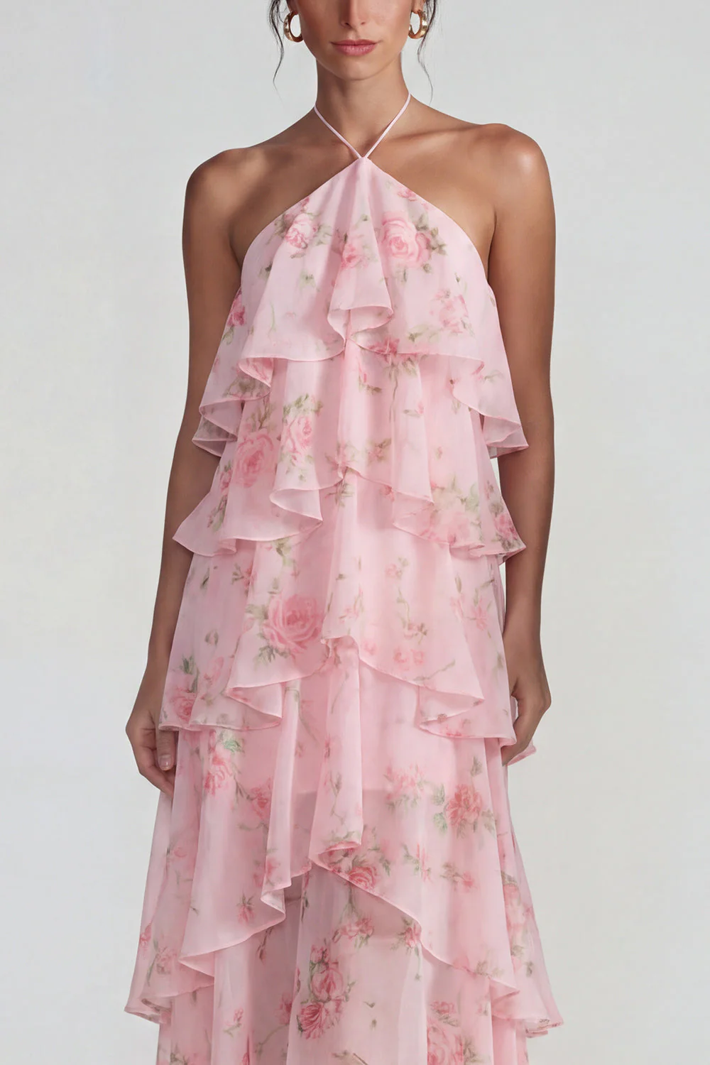 Robe Midi à motifs de fleurs à étages bleu rose à motifs en chiffon à étages - Image 11
