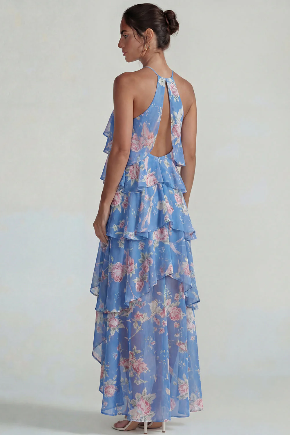 Robe Midi à motifs de fleurs à étages bleu rose à motifs en chiffon à étages - Image 2