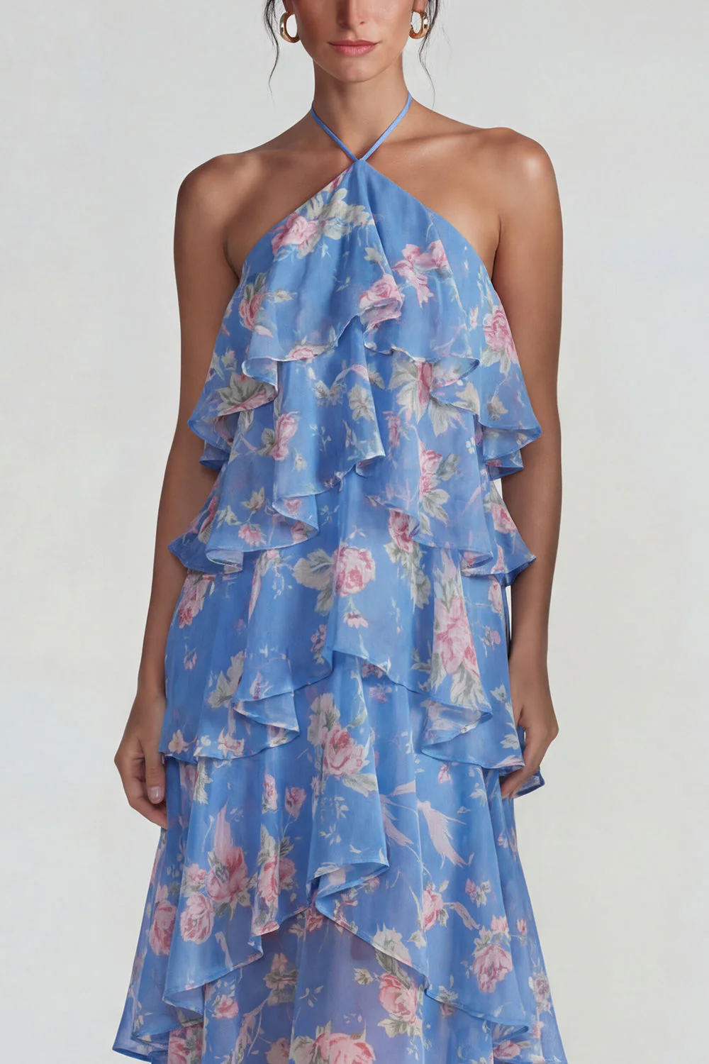 Robe Midi à motifs de fleurs à étages bleu rose à motifs en chiffon à étages - Image 3