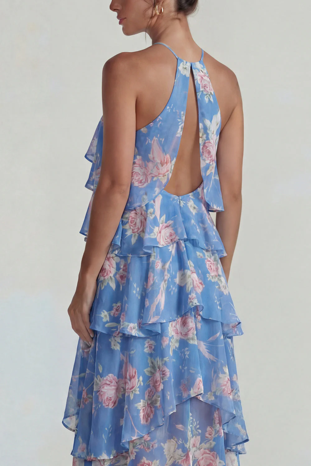 Robe Midi à motifs de fleurs à étages bleu rose à motifs en chiffon à étages - Image 4