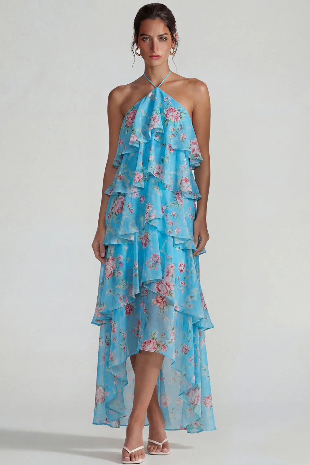 Robe Midi à motifs de fleurs à étages bleu rose à motifs en chiffon à étages - Image 5