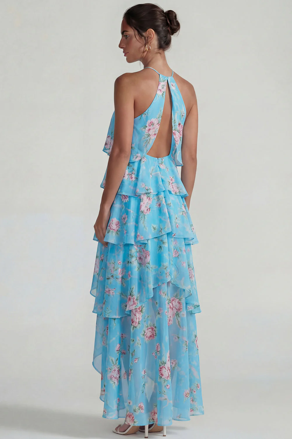Robe Midi à motifs de fleurs à étages bleu rose à motifs en chiffon à étages - Image 6
