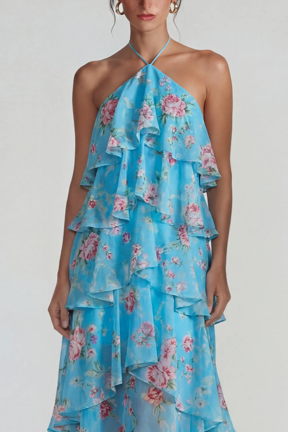 Robe Midi à motifs de fleurs à étages bleu rose à motifs en chiffon à étages - Image 7