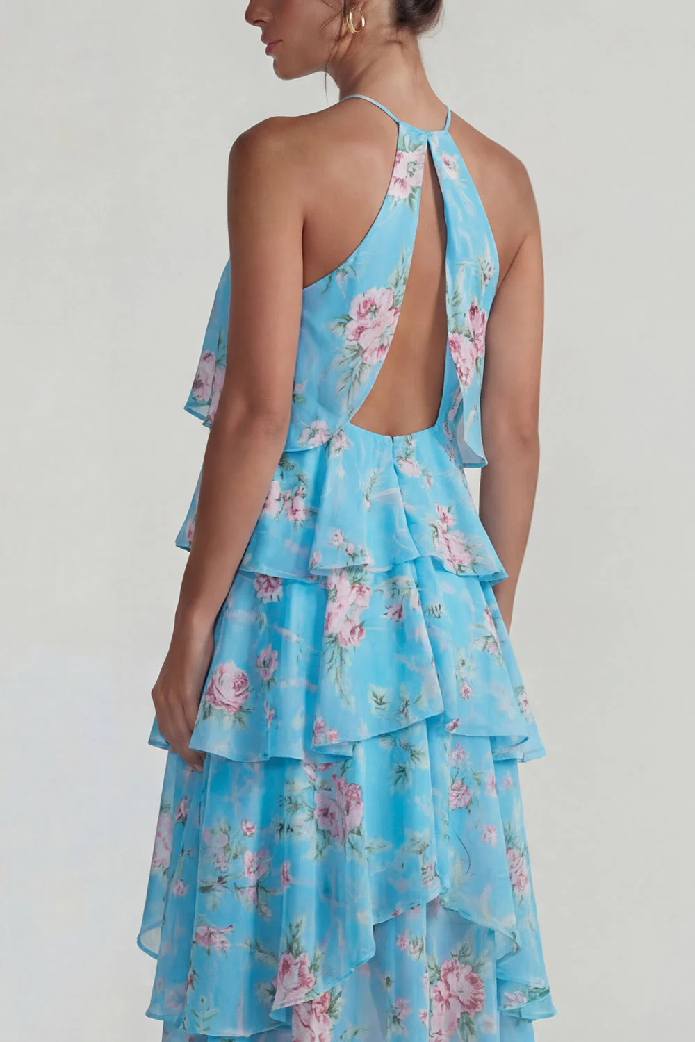 Robe Midi à motifs de fleurs à étages bleu rose à motifs en chiffon à étages - Image 8