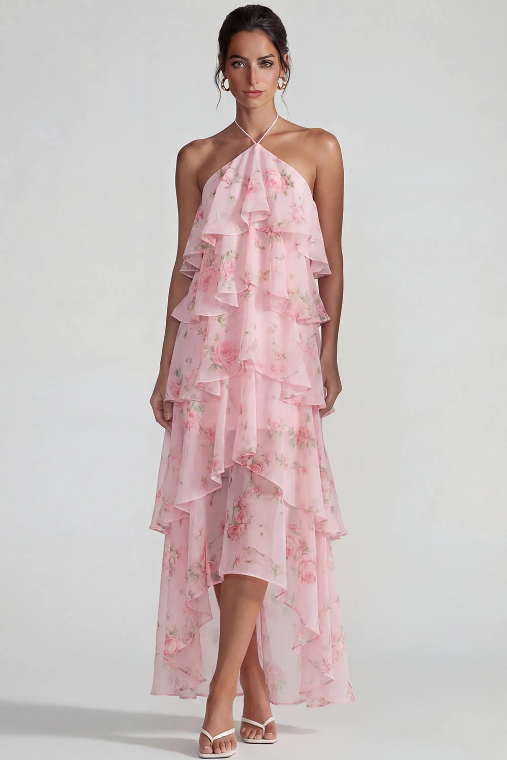 Robe Midi à motifs de fleurs à étages bleu rose à motifs en chiffon à étages - Image 9