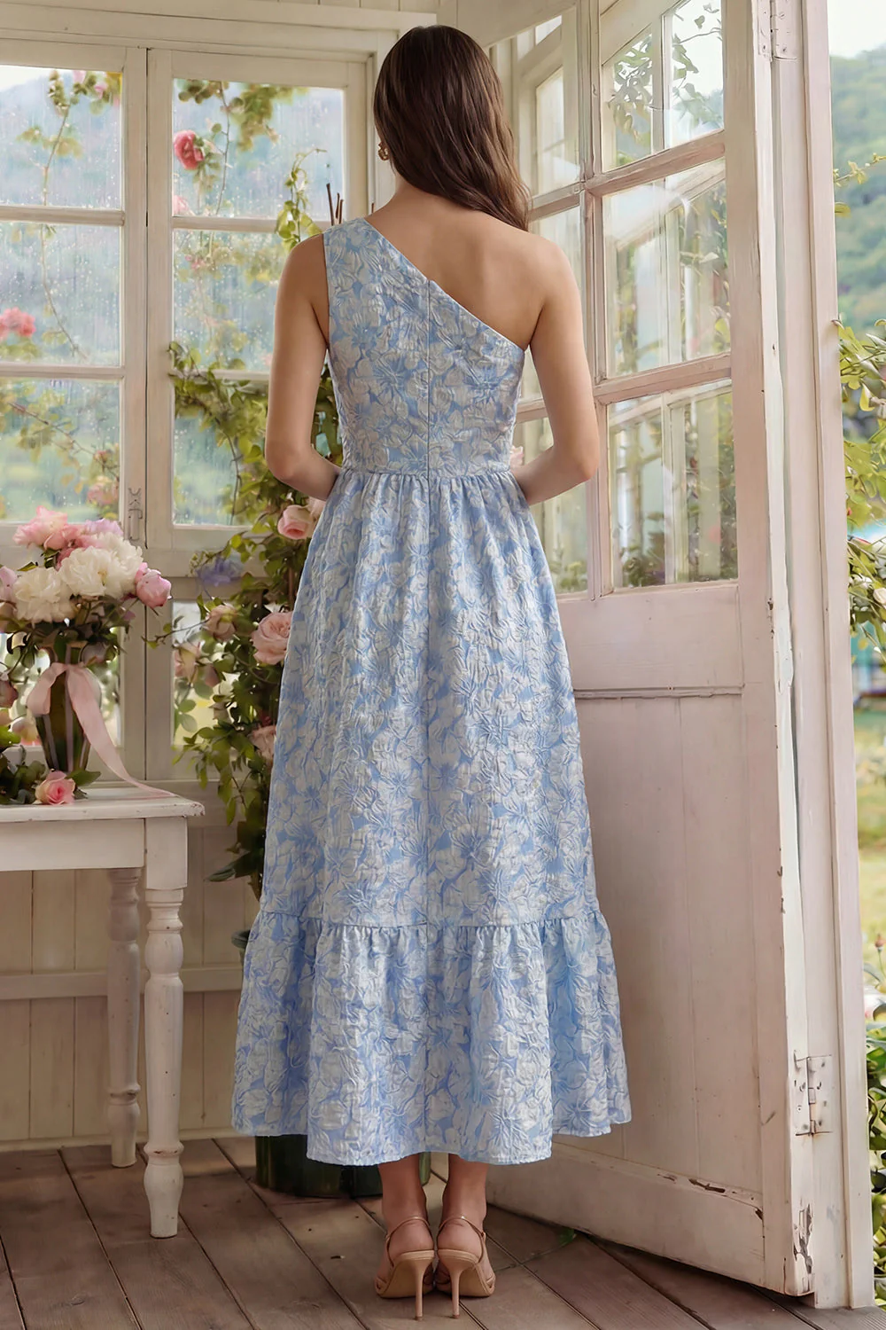 Robe Midi à une épaule à une épaule Jacquard A Line avec volants - Image 2