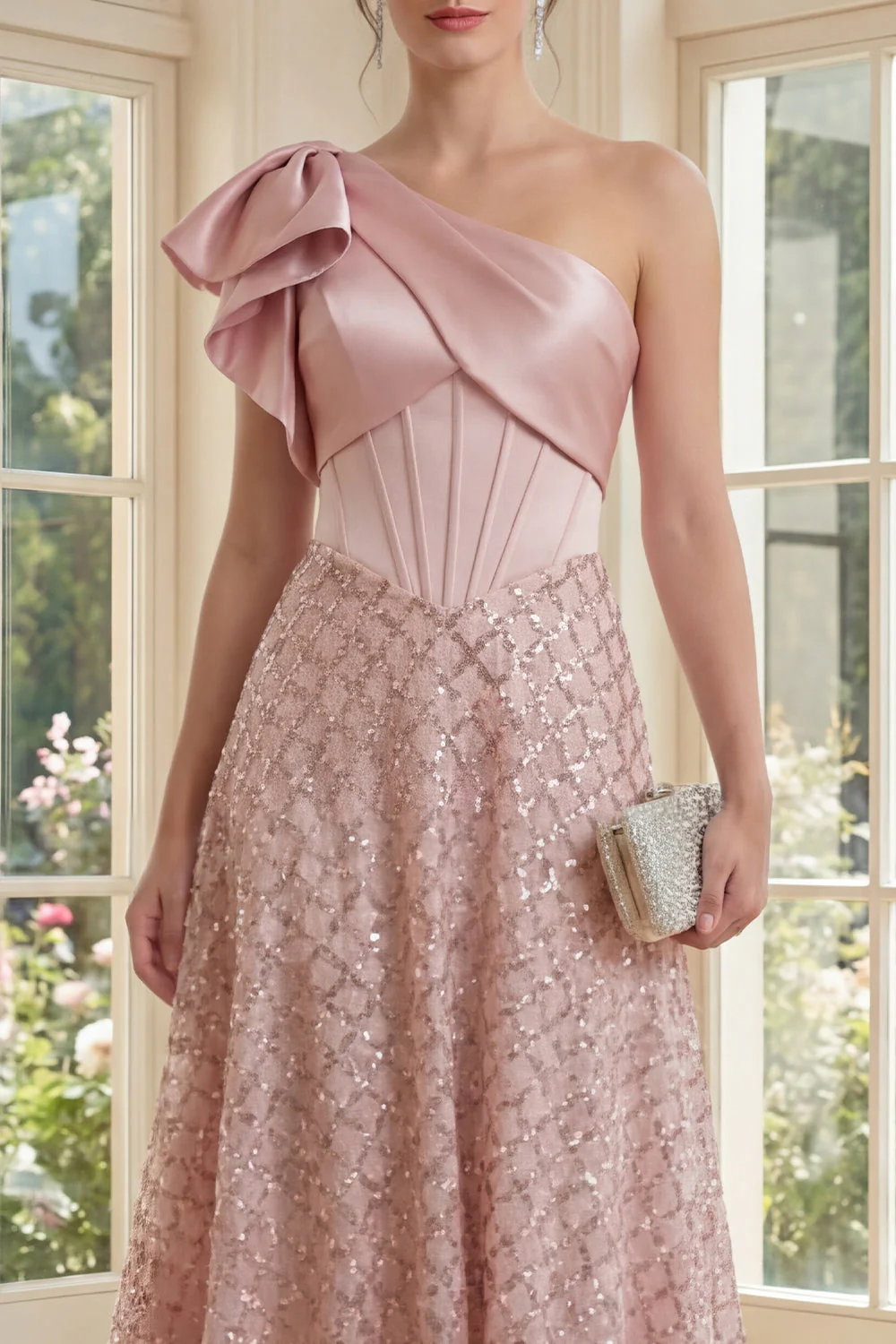 Robe Midi à une épaule étincelante à une épaule froncée - Image 3