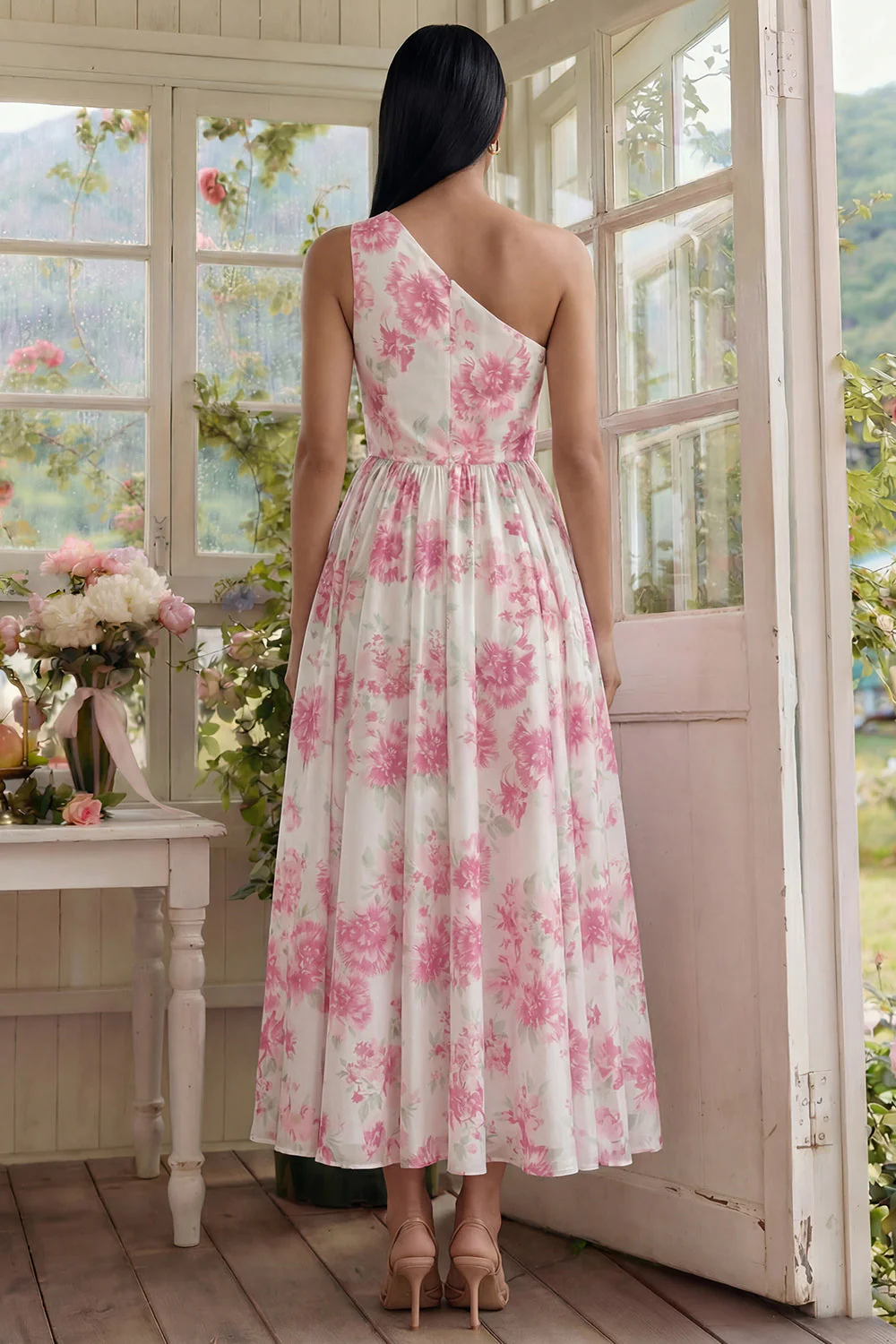 Robe Midi à une épaule imprimée à fleurs fuchsia blanches à une épaule - Image 2
