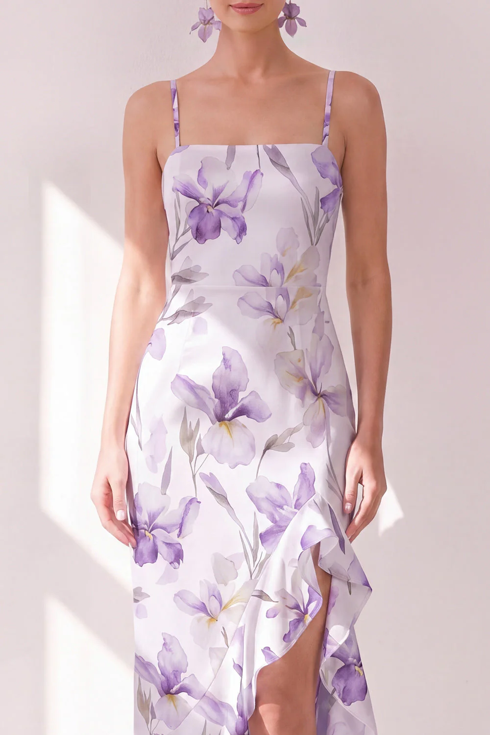 Robe midi à volants à fausses fleurs lilas, bandes fines en chiffon - Image 3