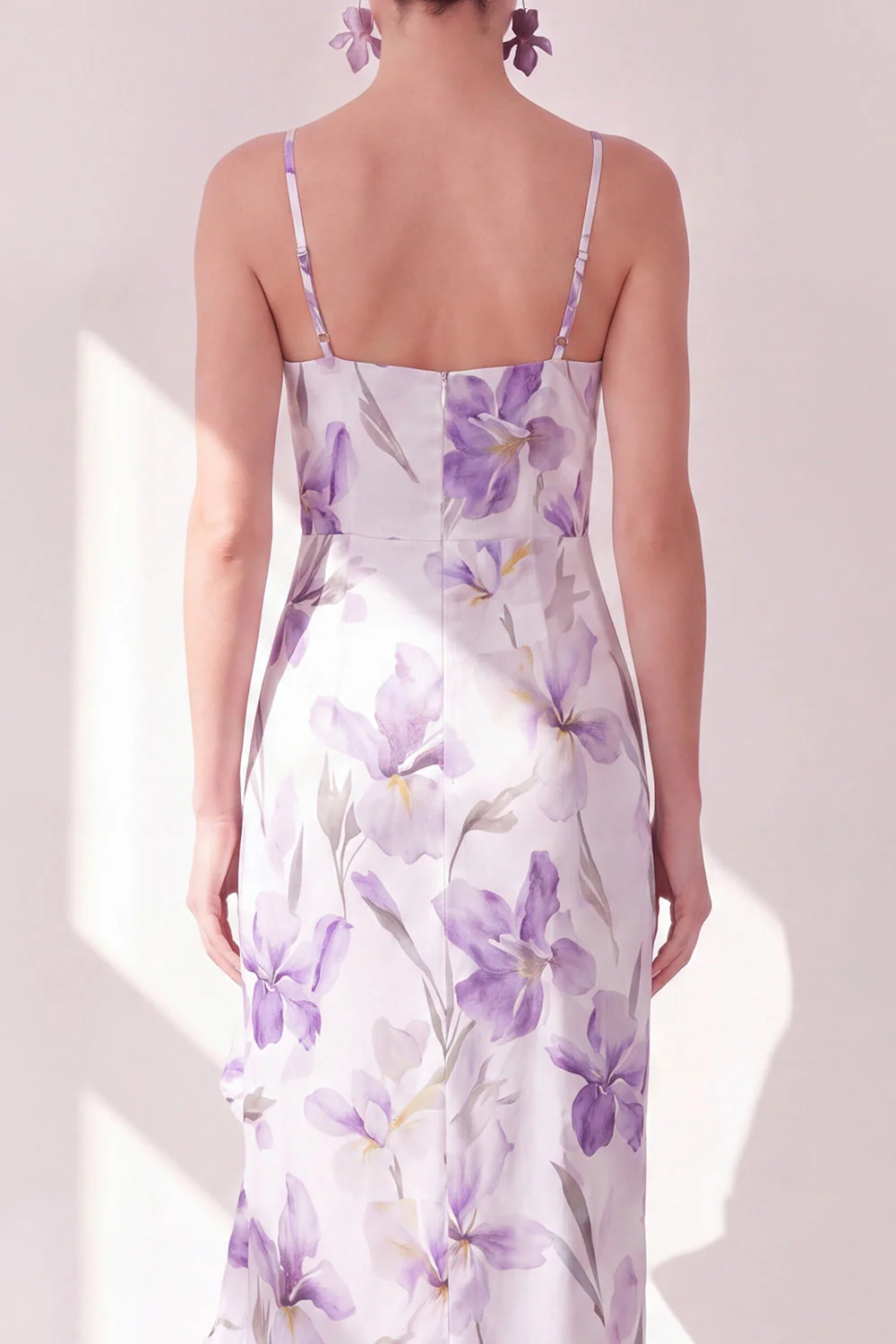 Robe midi à volants à fausses fleurs lilas, bandes fines en chiffon - Image 4