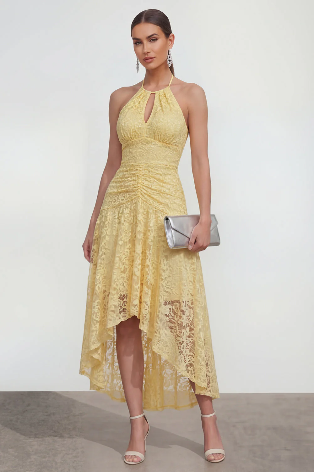 Robe Midi asymétrique asymétrique en dentelle jaune à dos nus en ligne A avec trou de serrure