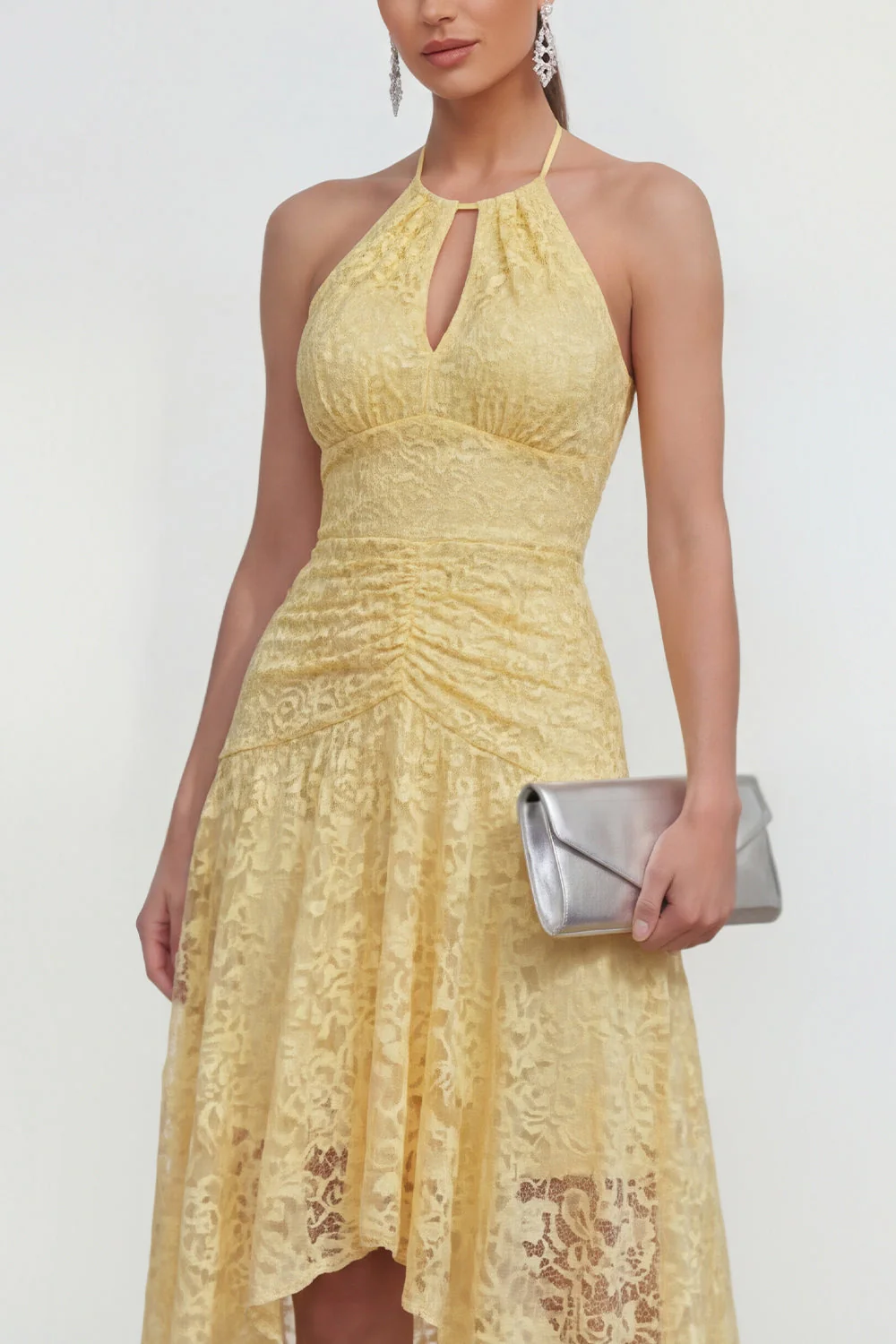 Robe Midi asymétrique asymétrique en dentelle jaune à dos nus en ligne A avec trou de serrure - Image 3