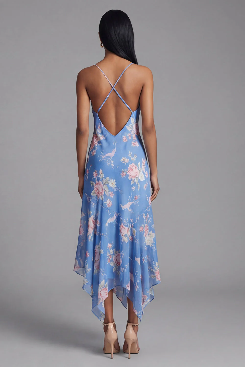 Robe midi asymétrique en chiffon fleuri à motifs de fourreau bleu - Image 2