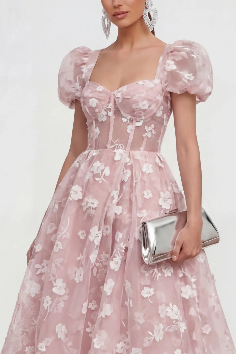 Robe midi bleue fleurie en ligne A à lacet remontée dans le dos avec manches bouffantes - Image 11