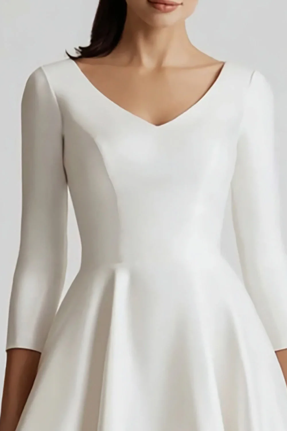 Robe midi de fiançailles à col en V en satin blanc avec manches 3/4 - Image 2