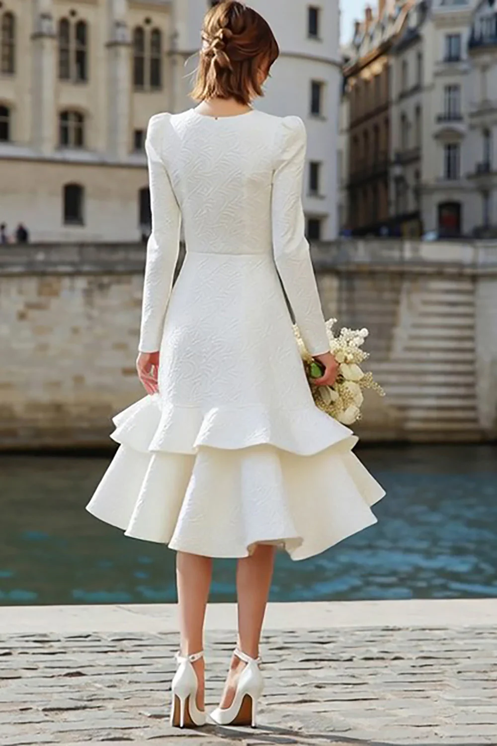 Robe midi de fiançailles à manches longues à col rond ivoire - Image 2